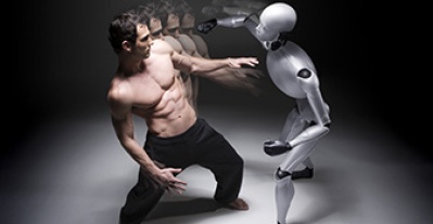 Robot fighting against a man
